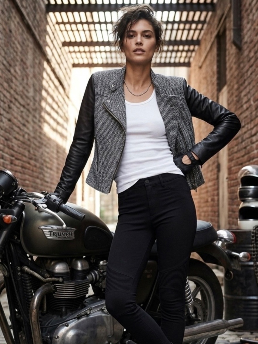 Theory Kinde C Moto Biker Jacket Black Gray Tweed Lamb Leather Sleeves 6 Edgy